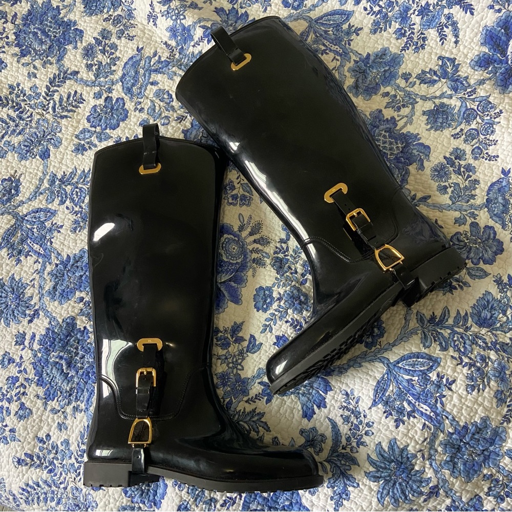 Ralph Lauren Black Glossy Boots with Gold Buckles